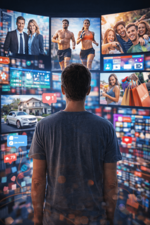 Mann vor vielen Medienbildschirmen – Sinnbild für Vergleichsdruck und permanente Bewertung.