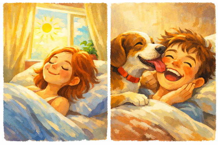 Morgendliches Sonnenlicht fällt ins Gesicht einer entspannt aufwachenden Person im Bett und sorgt für einen ruhigen, hellen Start in den Tag.