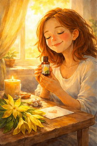 Dankbarkeitsmoment mit ätherischem Ylang-Ylang-Öl – ruhige Morgenstimmung, Achtsamkeit und emotionales Wohlbefinden.