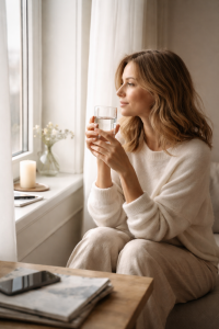 Frau mit Wasser am Fenster