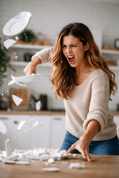 Frau schmeißt Teller vor lauter Wut im Bauch